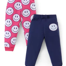 Babyhug Cotton Knit Full Length Lounge Pant with Smiley Print Pack of 2- Pink & Navy-picture-25