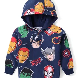 Babyhug Marvel Cotton Knit Full Sleeves Hooded Sweatshirt With Avengers Print - Navy Blue-image-76