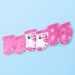 Cute Walk by Babyhug Anti Skid Ankle Length Antibacterial Knitted Striped & Text Design Socks Pack Of 3 - Pink & White-picture-3
