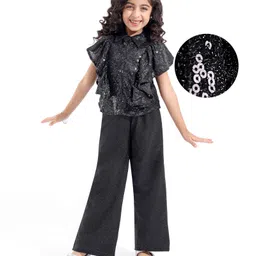 Hola Bonita Knit Sequinned Frill Sleeves Top and Glitter Pant Set - Black-picture-20