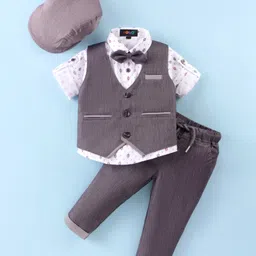Robo Fry Lycra Knit Full Sleeves Solid Colour 3 Piece Party Suit with Bow & Hat - Charcoal Grey-picture-20