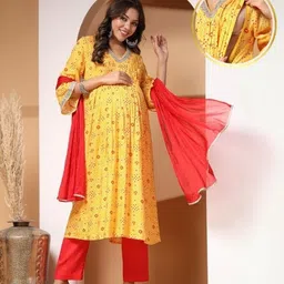 Zelena 100% Rayon Three Fourth Bell Sleeves Floral & Bandhani Printed & Lace Embellished Maternity Kurta With Nursing Access & Salwar With Dupatta Set - Yellow-image-8