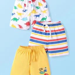 Babyhug Single Jersey Knit Shorts with Stripes & Dino Print Pack of 3 - Yellow & White-picture-21