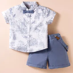 ToffyHouse Cotton Woven Half Sleeves Printed Shirt & Shorts Set with Bow & Suspender - Navy Blue & White-image-93