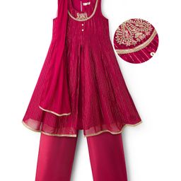 EARTHY TOUCH Woven Sleeveless Halter Neck Kurti Salwar Set with Dupatta & Embroidery - Maroon-picture-11