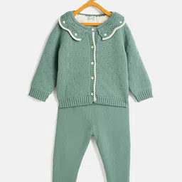 JWAAQ Cotton Knit Full Sleeves Abstract Designed Peter Pan Collar Sweater With Pant Set - Green-picture-34