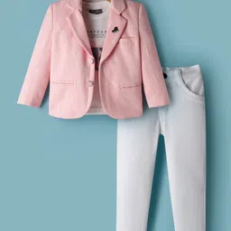 Dapper Dudes Full Sleeves Alphabets Printed Blazer With Typography Printed Tee & Pant Set - Pink-picture-21