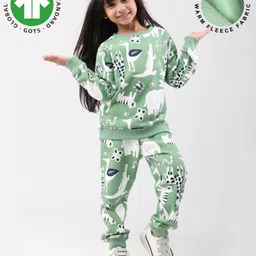 Anthrilo Fleece Knit Full Sleeves Wild Animals Printed Winter Sweatshirt With Coordinating Joggers Set - Green-picture-20