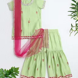 The Magic Wand Woven Half Sleeves Floral Embroidered & Gota Lace Embellished Kurti Sharara With Dupatta Set - Green-picture-26
