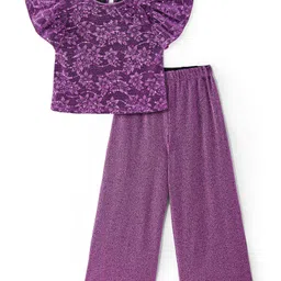 Hola Bonita Glitter Half Sleeves Floral Printed Top With Bow and Shimmer Pant - Lilac image 2