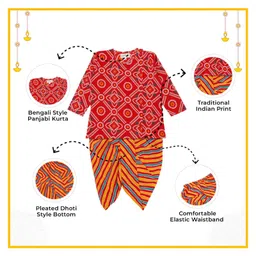 Little Ginnie Cotton Full Sleeves Bandhani Printed Kurta & Striped Dhoti Set - Red image 3