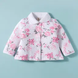 ToffyHouse Cotton Knit Full Sleeves Peter Pan Collared Floral Printed Front Open Top & Lounge Pant Set - Pink & White image 2