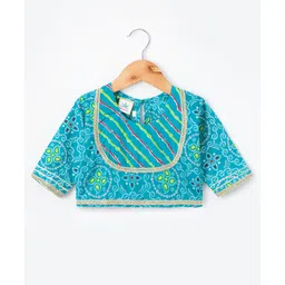 Teentaare Cotton Woven Half Sleeves Motif Printed Choli Lehenga Set with Dupatta & Lace Detailing - Turquoise image 2