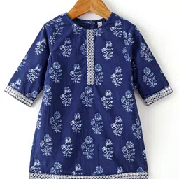 Babyhug 100% Cotton Woven Three Fourth Sleeves Kurti & Palazzo Set with Dupatta Floral Print - Indigo image 3