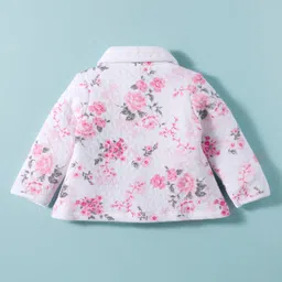 ToffyHouse Cotton Knit Full Sleeves Peter Pan Collared Floral Printed Front Open Top & Lounge Pant Set - Pink & White image 3