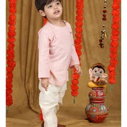 Polka Tots Cotton Full Sleeves Abstract Printed Kurta With Dhoti - Pink image 5