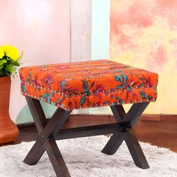Ikiriya Orange Colored & Brown Embroidered Square Ottoman-picture-49
