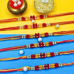 ORANGENYSHA Set Of 6 Beaded Cotton Thread Rakhis With Rholi Chawal-picture-42