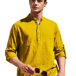 KNOWTED Mandarin Collar Roll-Up Sleeves Straight Short Kurta-picture-21