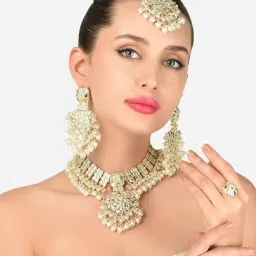 Zaveri Pearls Gold Tone Kundan & Pearls Choker Necklace Earring Maangtikka & Ring Set-ZPFK12127-picture-39