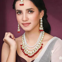Peora Gold-Plated Stone-Studded & Beaded Jewellery Set-picture-48