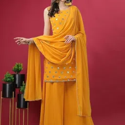 PARROT CREATION Geometric Embroidered Georgette Straight Kurti With Sharara & Dupatta-picture-30