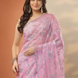 Libas Pink Embroidered Saree With Unstitched Blouse image 5