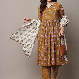 HERE&NOW Women Floral Printed Panelled Pure Cotton Kurta with Trousers & With Dupatta-picture-30