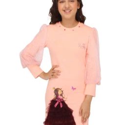 Cutecumber Kids Peach Embellished Full Sleeves Dress-picture-5