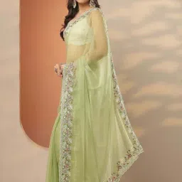 Libas Green Embroidered Saree With Unstitched Blouse image 3
