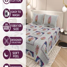 INDRA'S Grey & Pink Floral 160 TC King Bedsheet with 2 Pillow Covers image 2