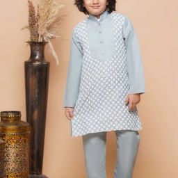 AJ Dezines Kids Grey Cotton Embroidered Full Sleeves Kurta Set-picture-40