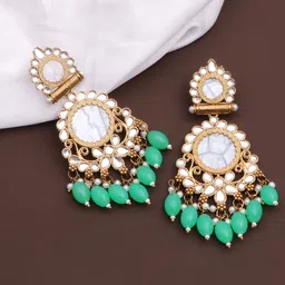 BELWICK Brass Plated Kundan Studded & Beaded Contemporary Drop Earrings image 1