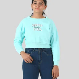 tweeny mini Cotton  Full Sleeves Happy Little Soul Text Printed Crop Sweater - Aqua Blue-picture-18