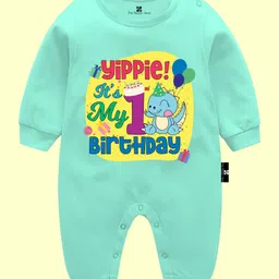 The Peppy Tend 100% Cotton Full Sleeves Yippie Its My 1st Birthday Text Printed Romper - Sea Green image 1