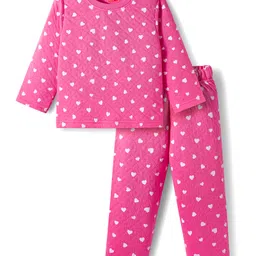 Babyhug Knit Full Sleeves Co-ord Winter Night Suit With Heart Print - Dark Pink-picture-27