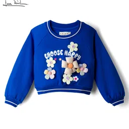 arias by lara dutta Arias 100% Cotton Knit Full Raglan Sleeves Brushed Terry Sweatshirt With Floral Applique - Blue-picture-43