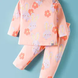 Teddy Interlock Knit Full Sleeves Co-ords Night Suit With Floral Print - Orange-picture-35