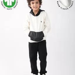 Anthrilo Fleece Knit Full Sleeves Colour Blocked Winter Hooded Sweatshirt With Joggers Set - White & Black-picture-23