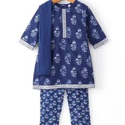 Babyhug 100% Cotton Woven Three Fourth Sleeves Kurti & Palazzo Set with Dupatta Floral Print - Indigo image 2