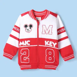 Babyhug Disney Terry Knitted Full Sleeves Bomber Jacket With Mickey Mouse Design - Red & White image 2