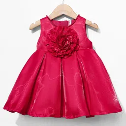 Babyhug Woven Sleeveless Pleated Party Dress with Floral Applique & Pearl Detailing - Red image 2