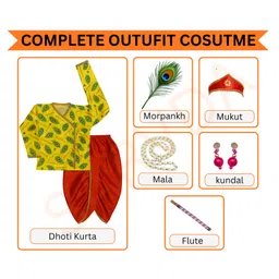 Sarvda Satin Woven Janmashtami Theme Full Sleeves Krishna Costume Set With Morpankh Mala Kundal & Flute Set - Red & Yellow image 3