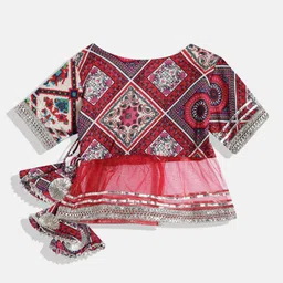 READIPRINT Half Sleeves Seamless Elephant Motif Block Detailed Patola Printed Choli With Coordinating Gota Lace Embellished Lehenga - Red image 4