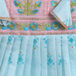 Many frocks & Chanderi Woven Sleeveless Floral Embroidered & Printed Pleated Ethnic Dress - Pink & Blue image 4