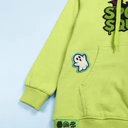 Kiddopanti Fleece Knit Full Sleeves Spook Squad Text Printed & Poltergeist Patch Detailed Hooded Light Winter Sweatshirt - Neon Green image 4