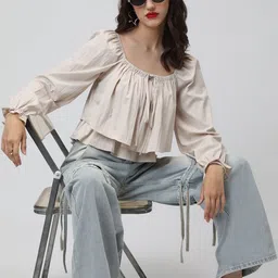 SHOWOFF Women Beige Solid Cotton Blend Tops-picture-25