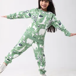 Anthrilo Fleece Knit Full Sleeves Wild Animals Printed Winter Sweatshirt With Coordinating Joggers Set - Green image 5