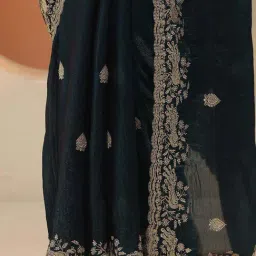 Libas Teal Embroidered Saree With Unstitched Blouse image 5