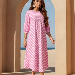 Dora Dori Striped Puff Sleeve A-Line Midi Dress-picture-27